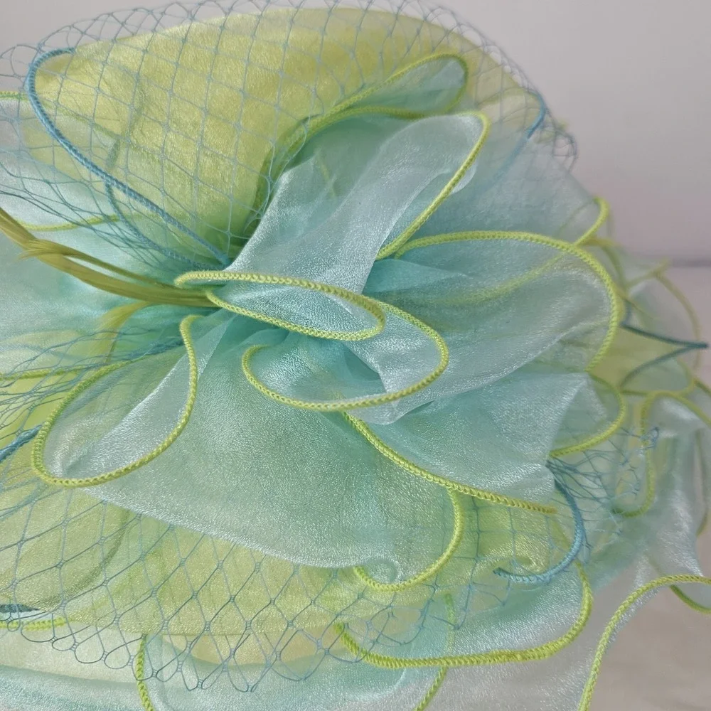 Forbusite Hat Womens Yellow Green Derby Church Easter Wide Brim Tea Garden Party